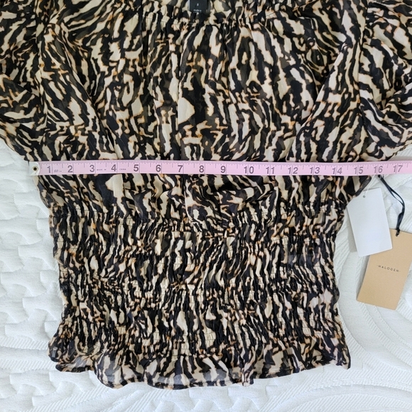 NWT Halogen Black Tan Animal Print Blouse Sheer Long Sleeve High Neck Ruched S - Picture 9 of 10
